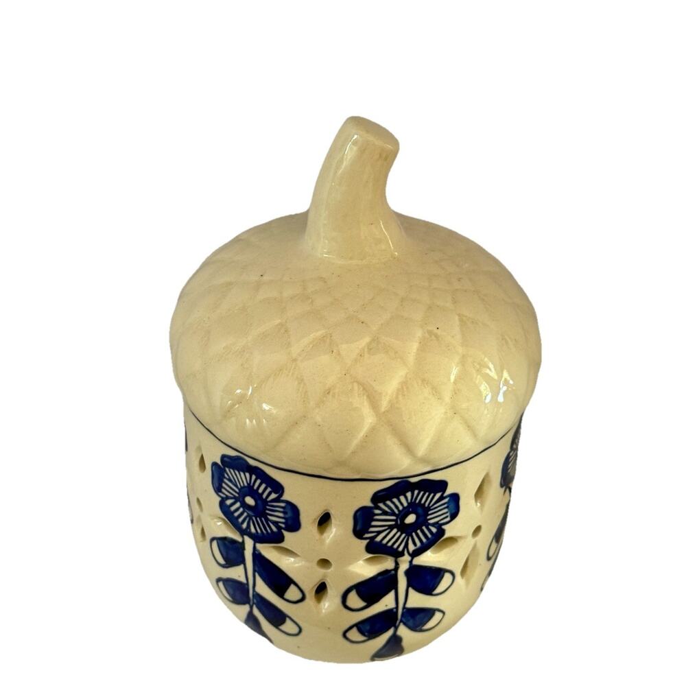 Welley Manor Cream Colored Ceramic Acorn Hand Painted Blue Floral Votive Lamp
